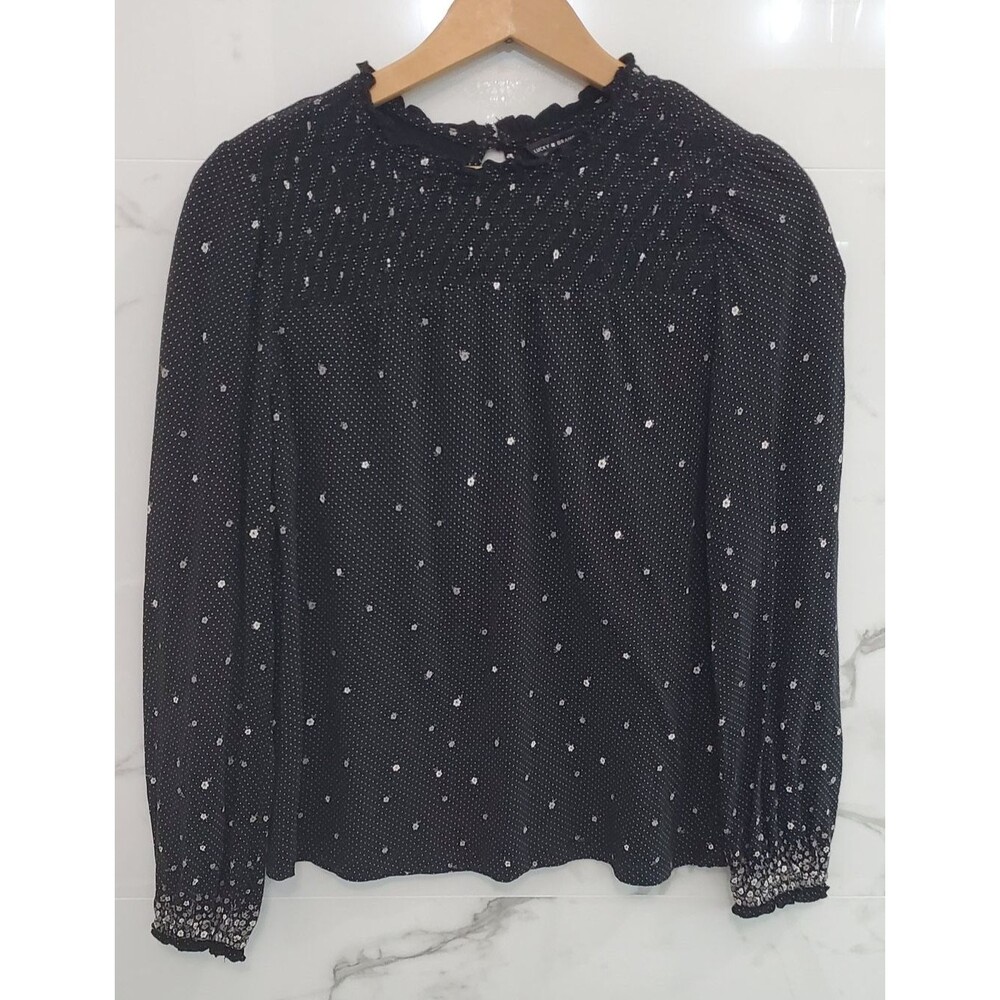 Lucky Brand Women’s Black Smocked Neckline Blouse, Size M, Flowy